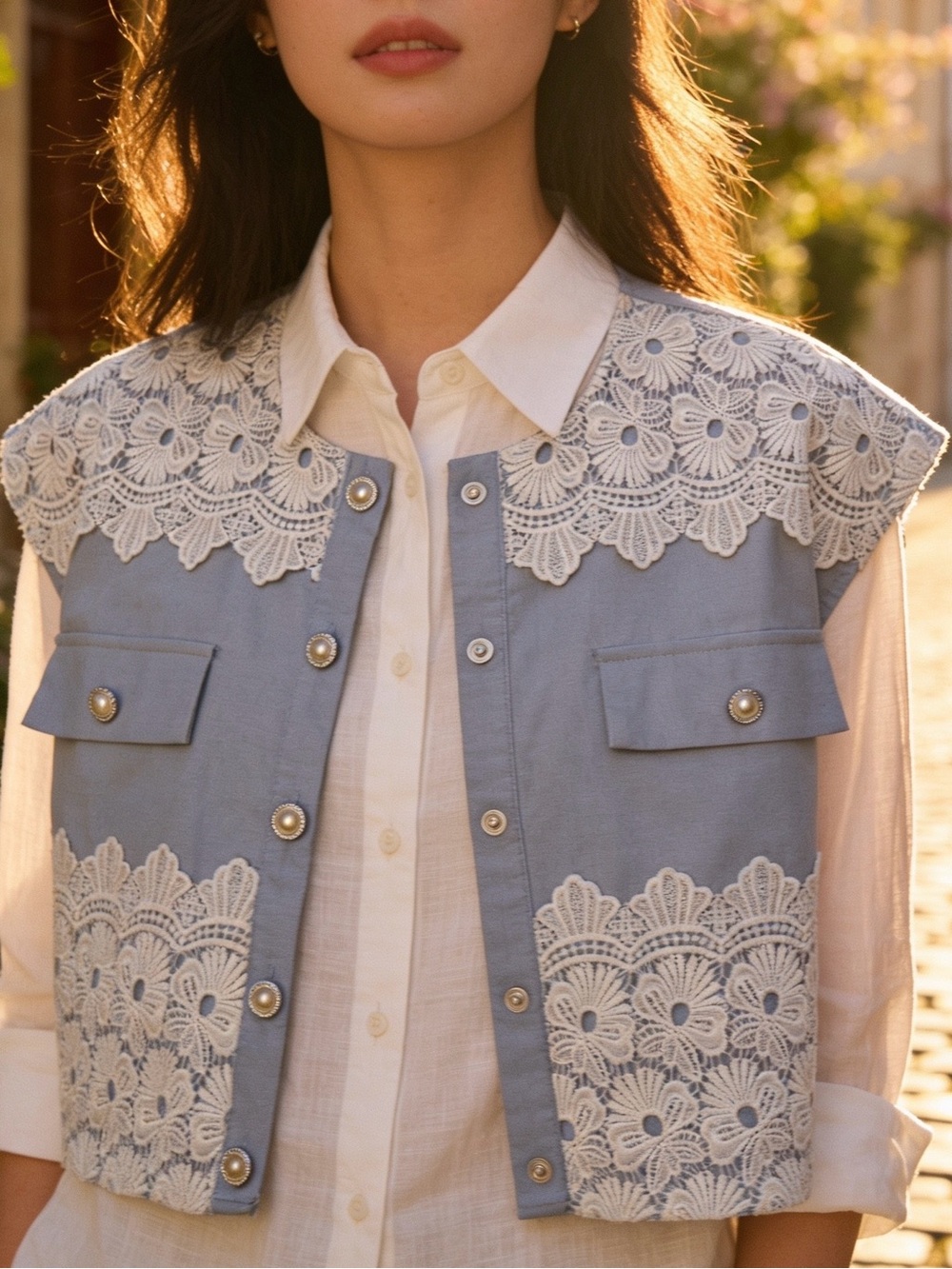 Light Blue Lace-Trim Cropped Vest - Women
